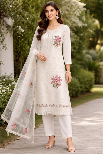Roman silk semi stitched designer white shade suit