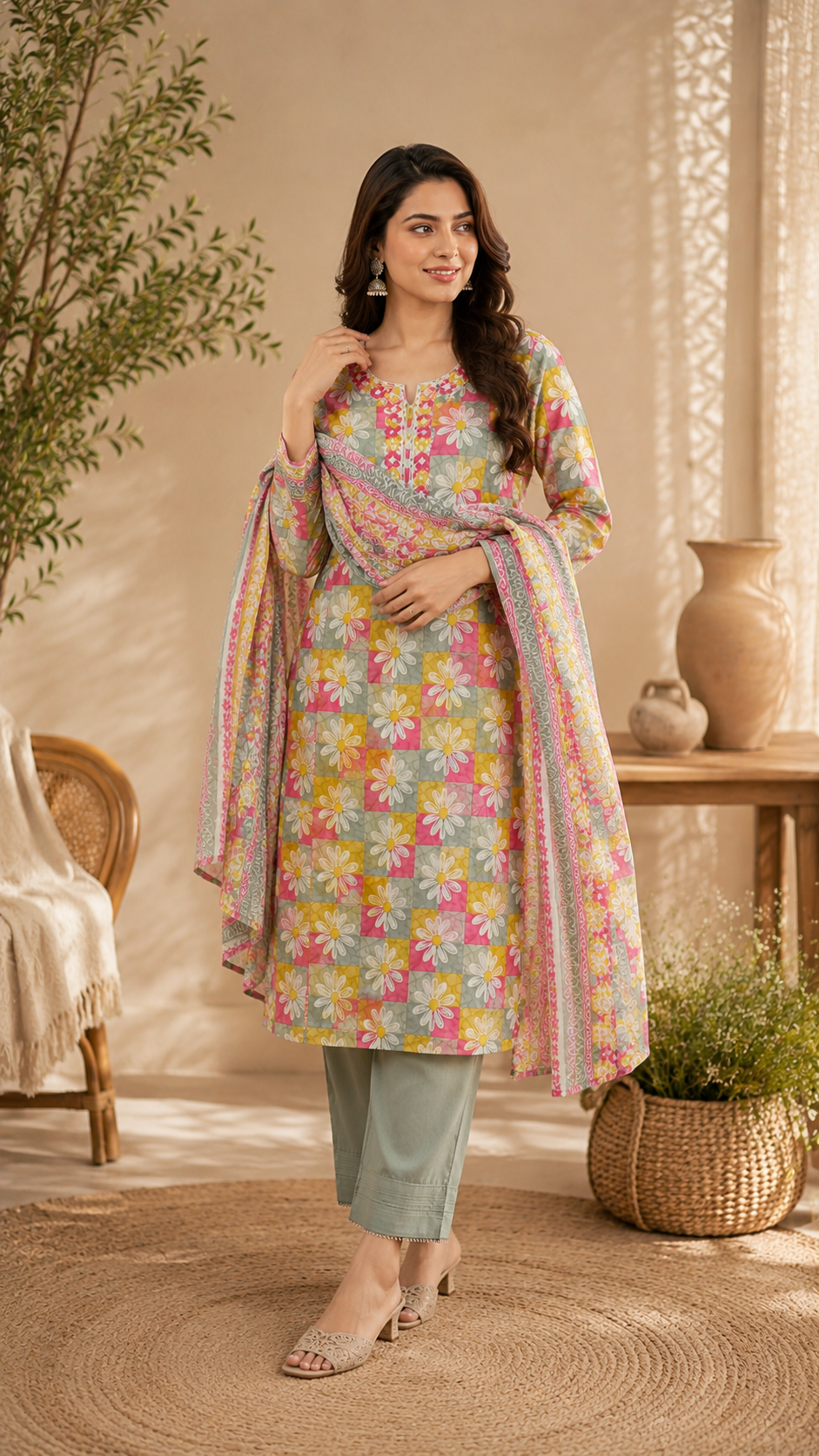 Pure cotton daily wear / office wear print plus embroidered suit