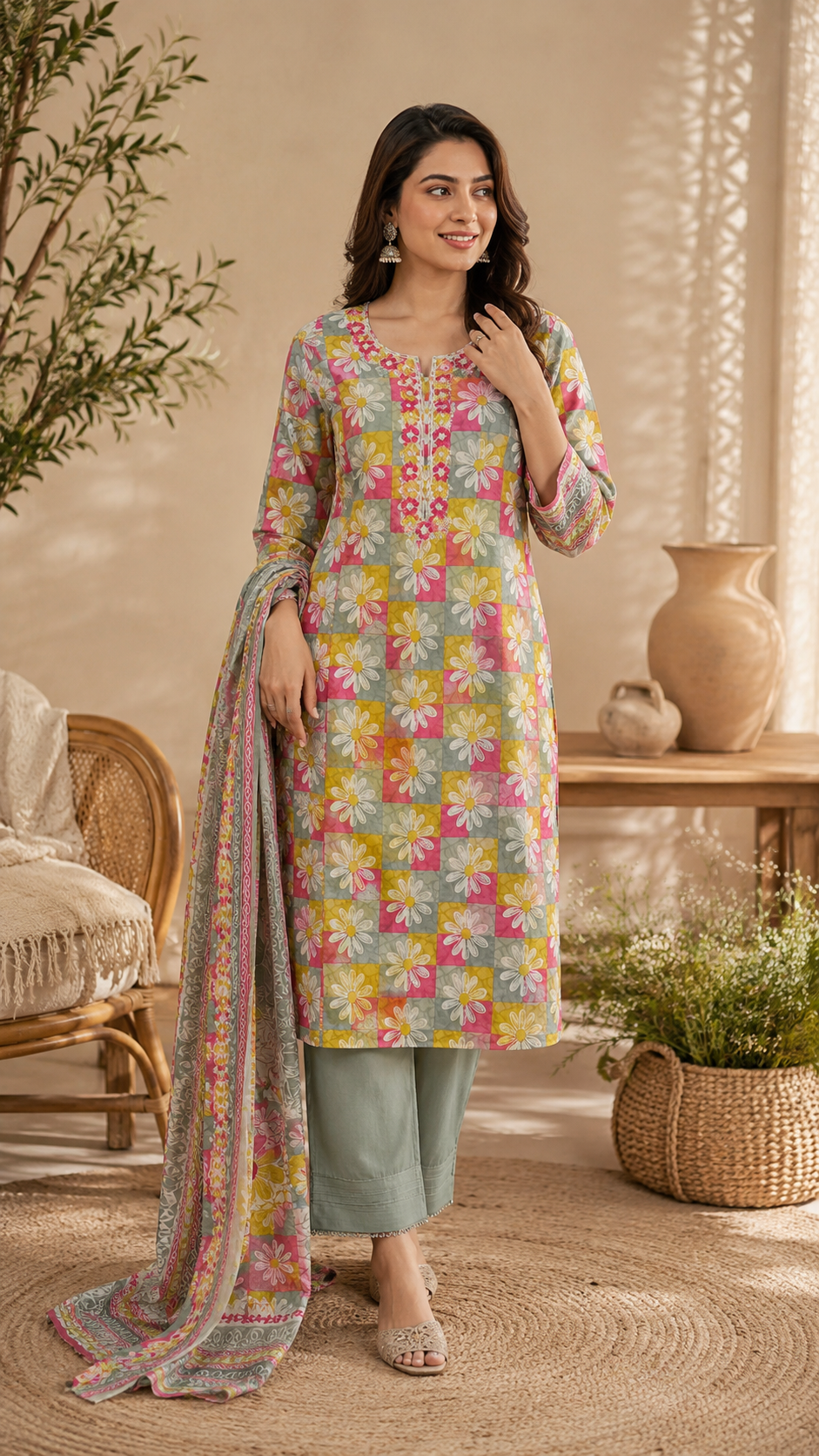 Pure cotton daily wear / office wear print plus embroidered suit