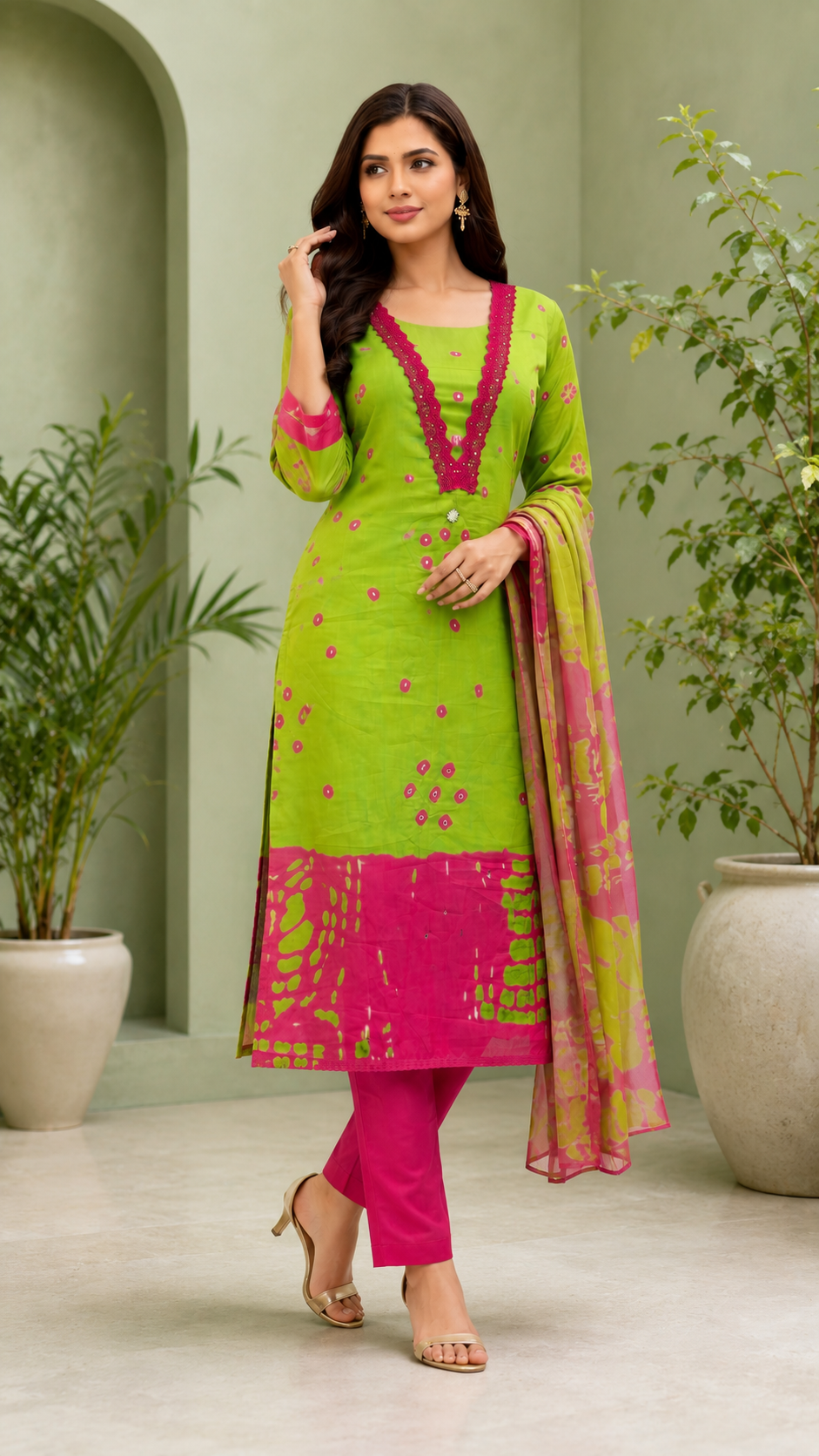 Pure cotton viral design green and magenta suit