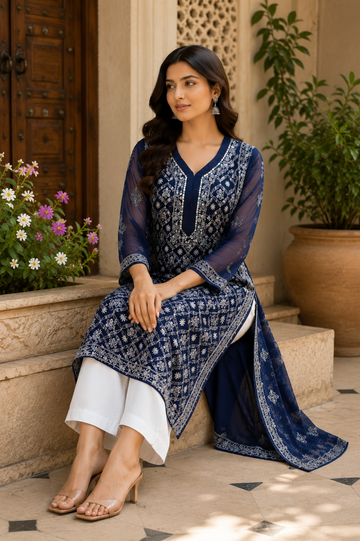 Lucknowi work georgette kurti with mirror work