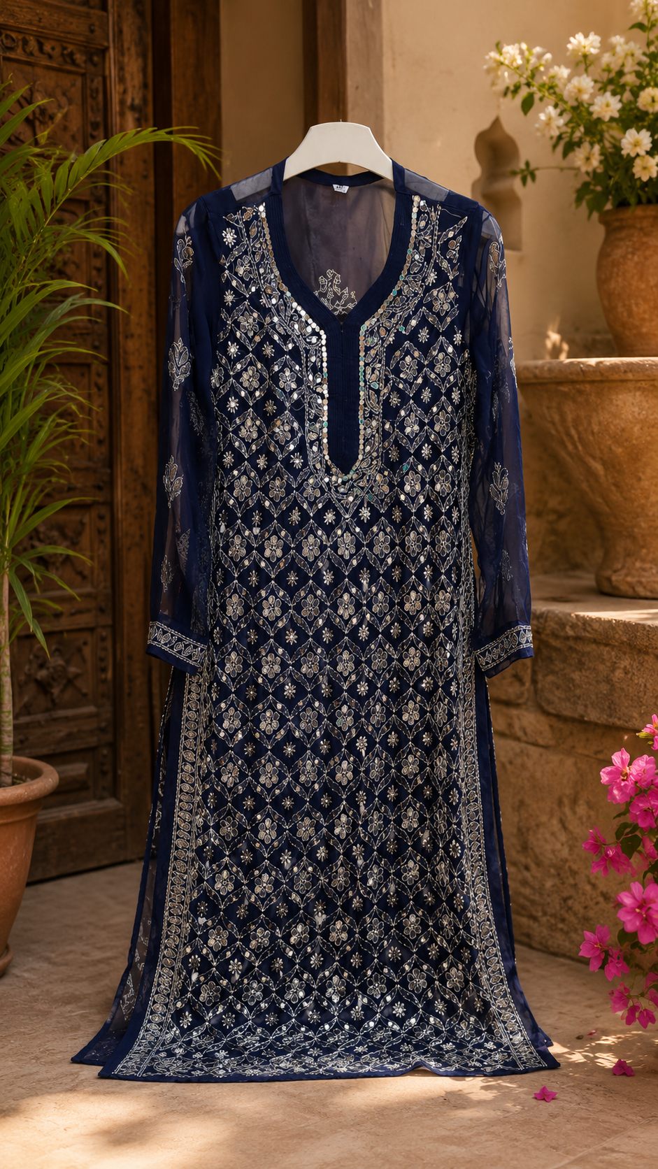 Lucknowi work georgette kurti with mirror work