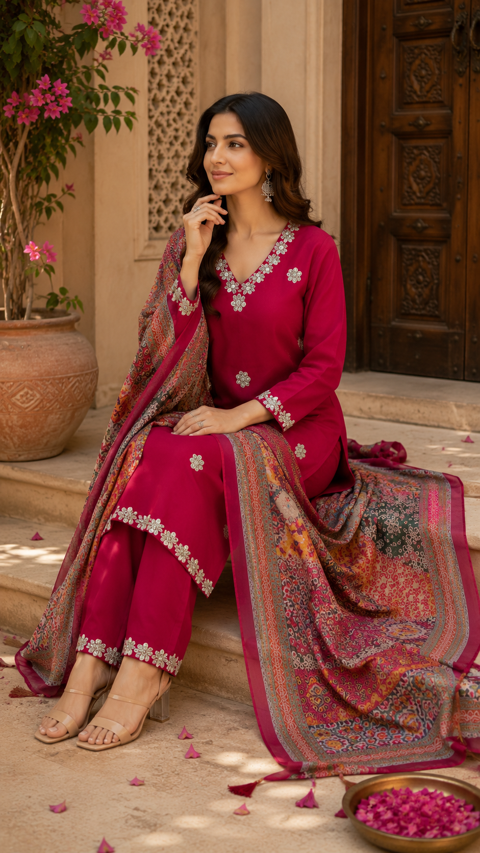 Fancy cotton kurti, bottom and designer dupatta set