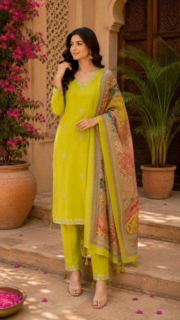 Fancy cotton kurti, bottom and designer dupatta set