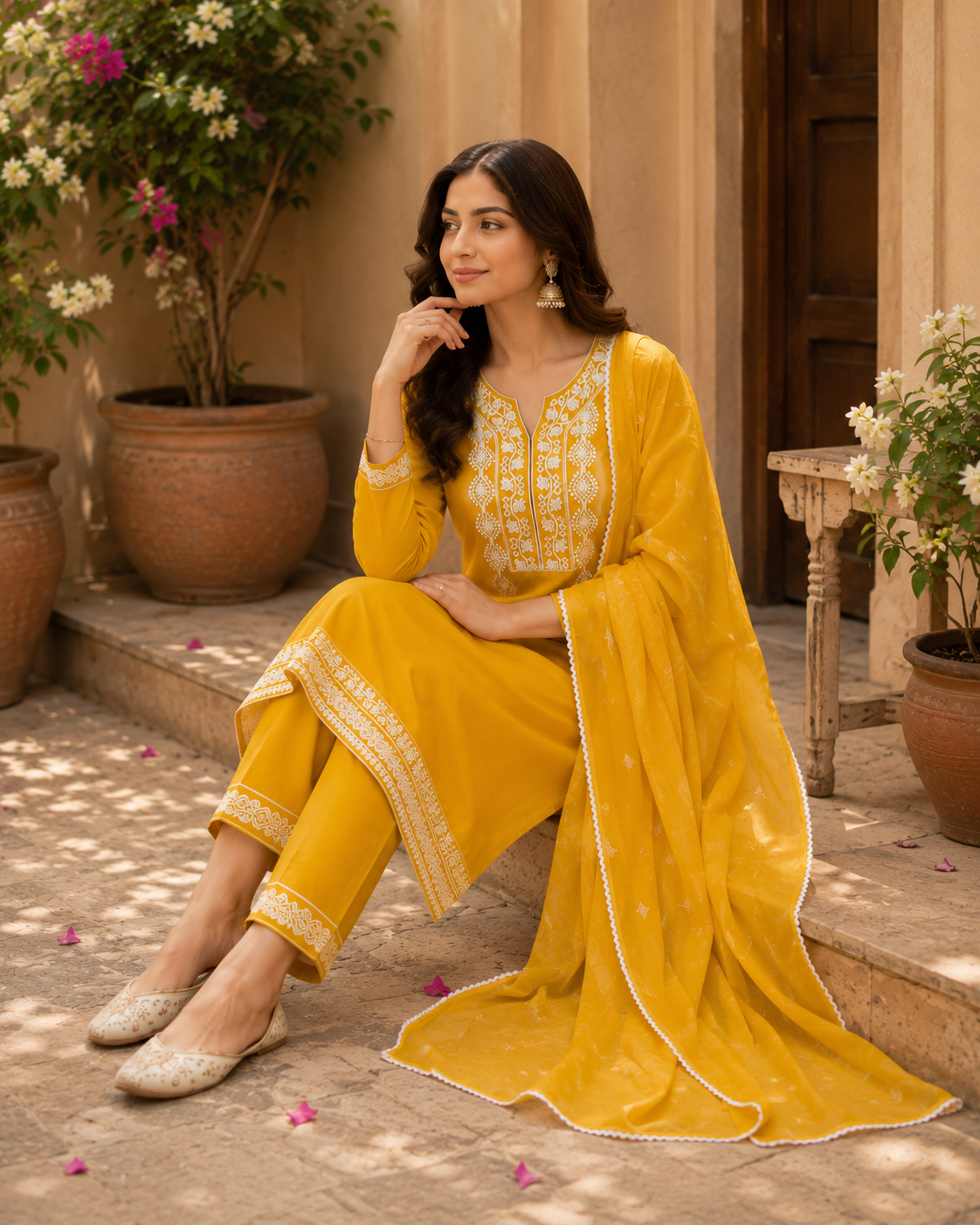 Pure cotton designer embroidered kurti , pant and chiffon dupatta set