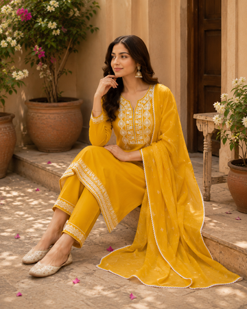 Pure cotton designer embroidered kurti , pant and chiffon dupatta set