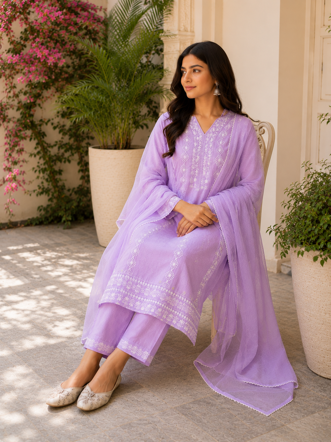 Pure cotton designer embroidered kurti , pant and chiffon dupatta set