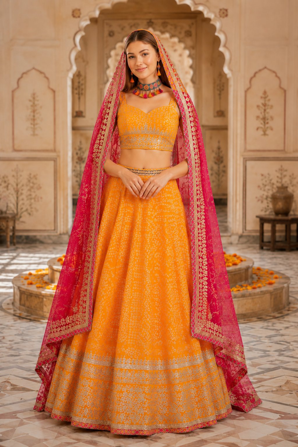 Yellow shade kotta checks jaipuri lehenga.