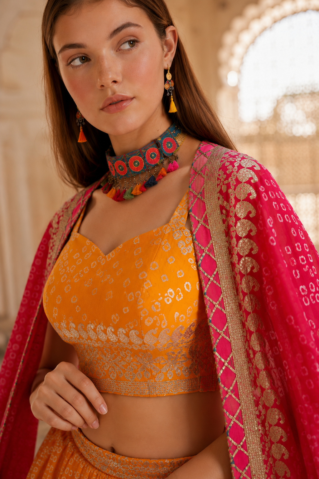 Yellow shade kotta checks jaipuri lehenga.