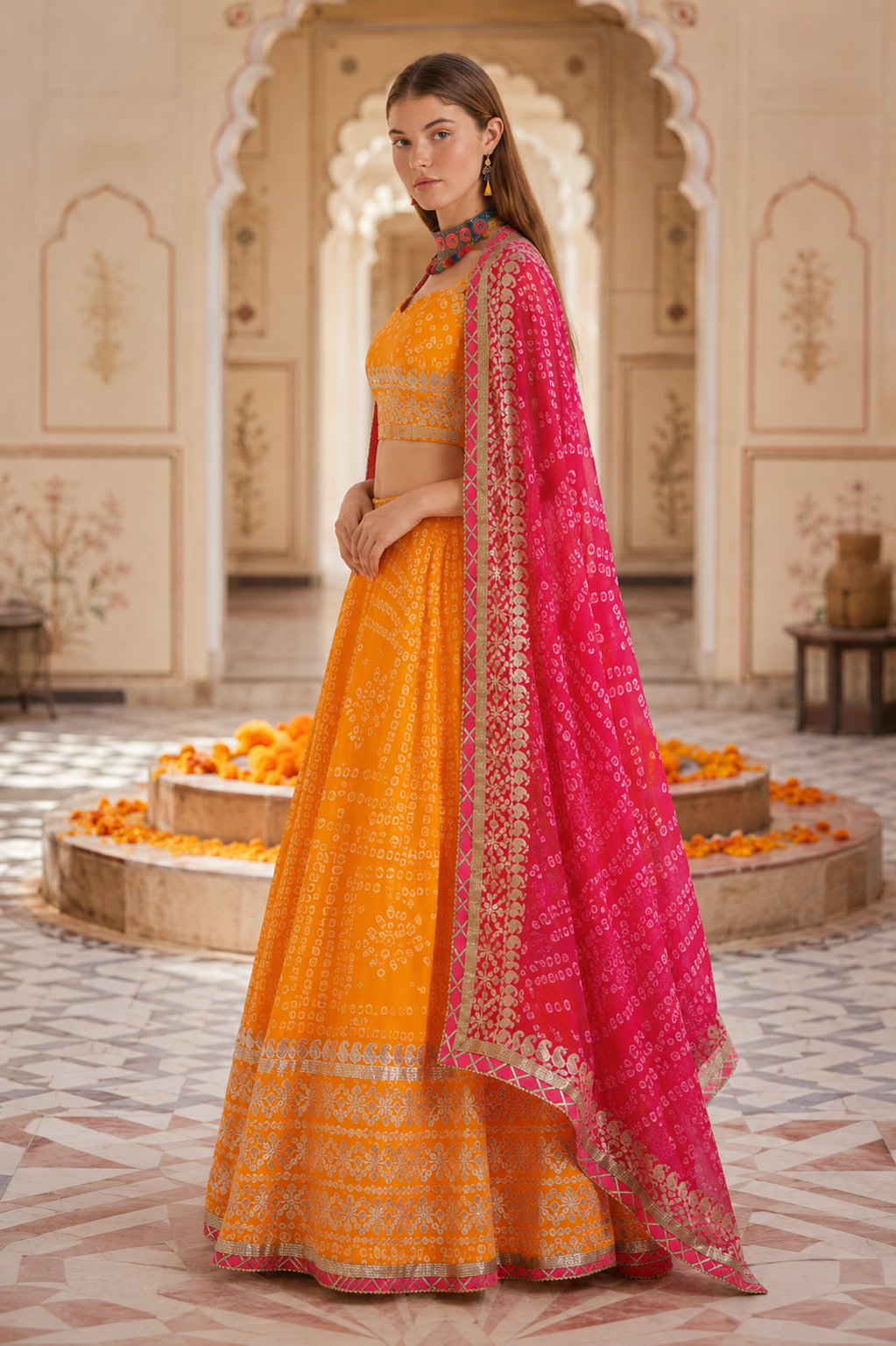 Yellow shade kotta checks jaipuri lehenga.