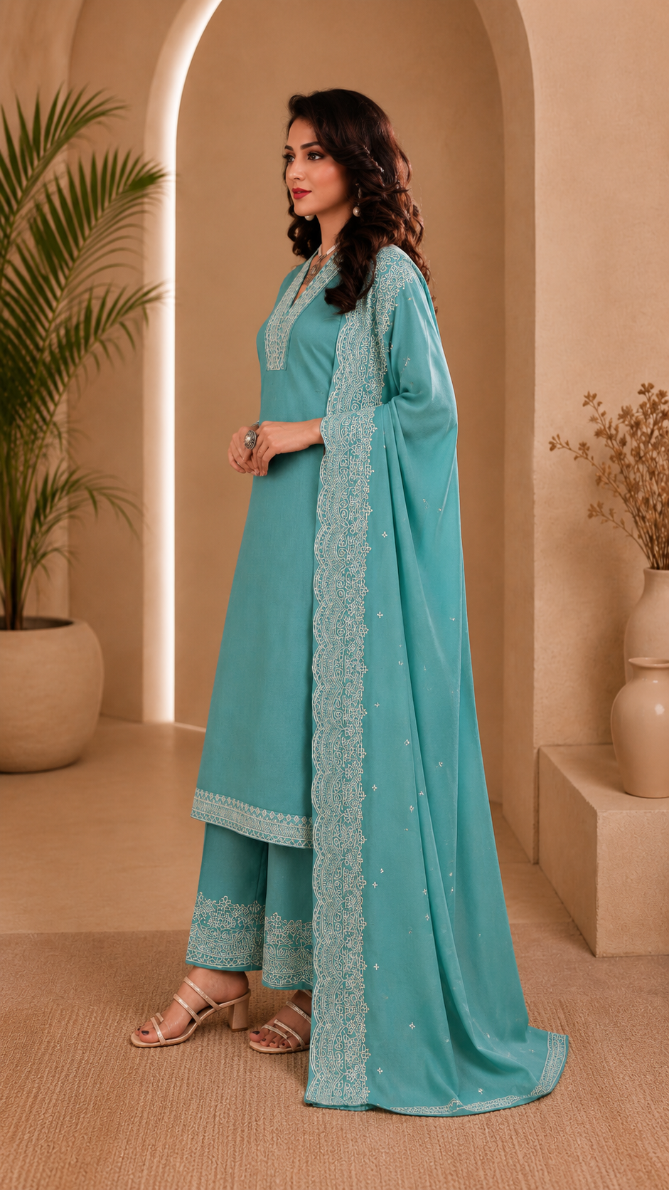 Roman silk semi stitched designer suit with bottom work
