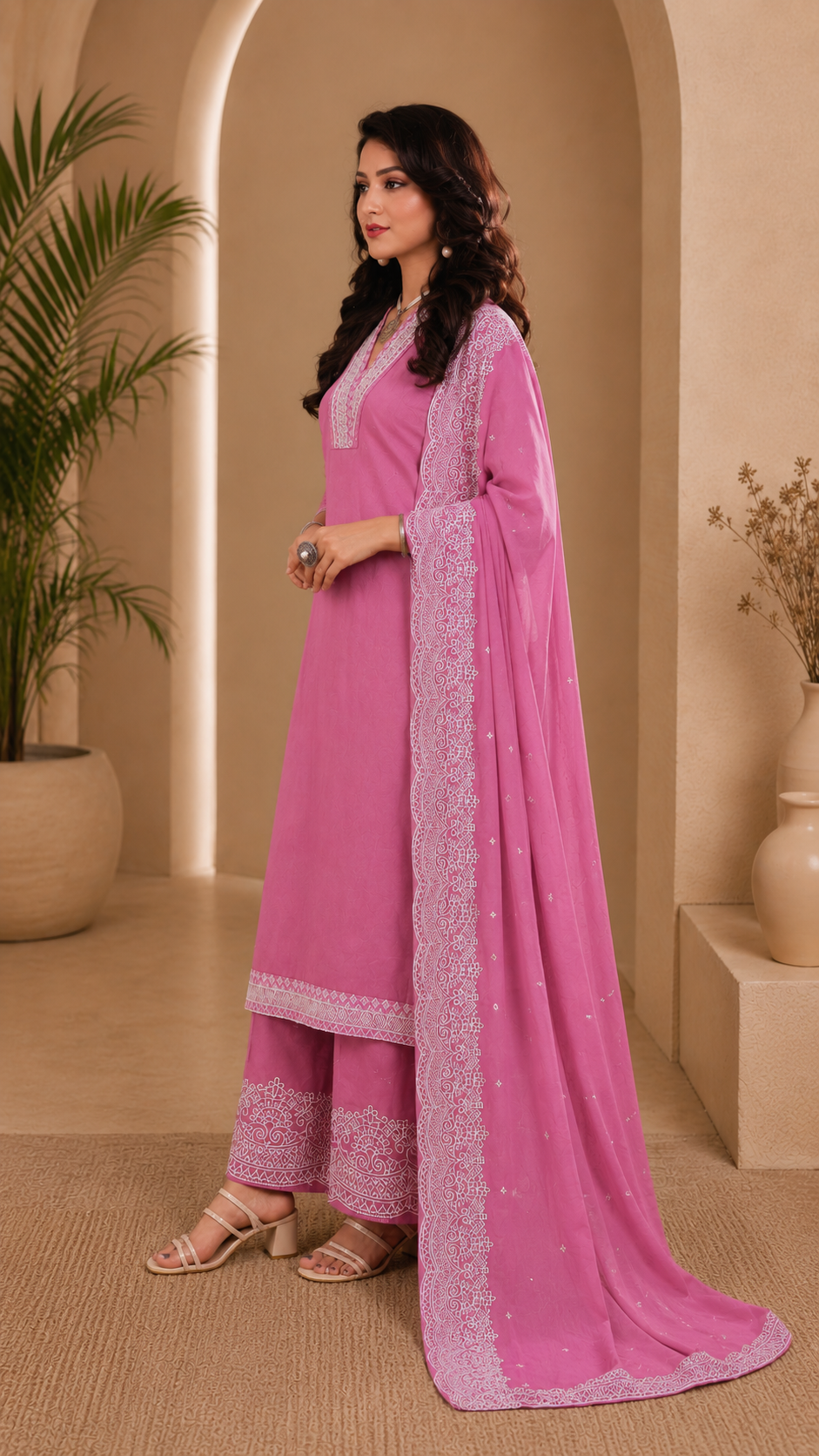 Roman silk semi stitched designer suit with bottom work