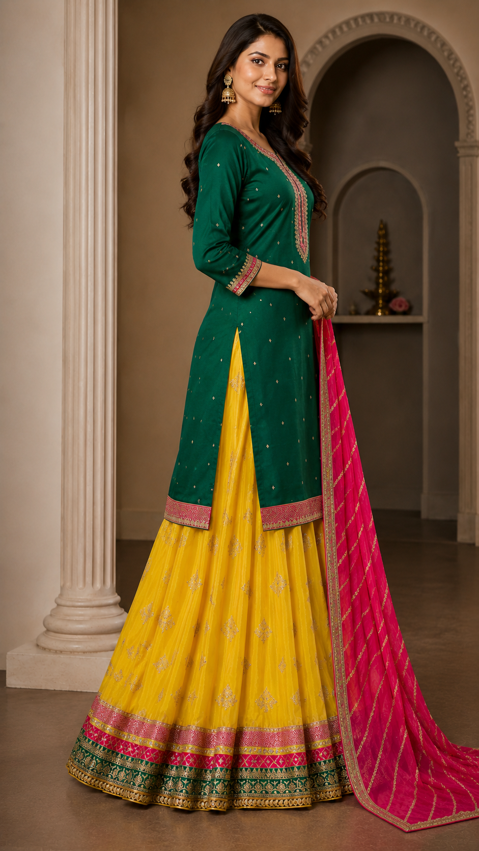 Pure opada silk wedding yellow and green suit