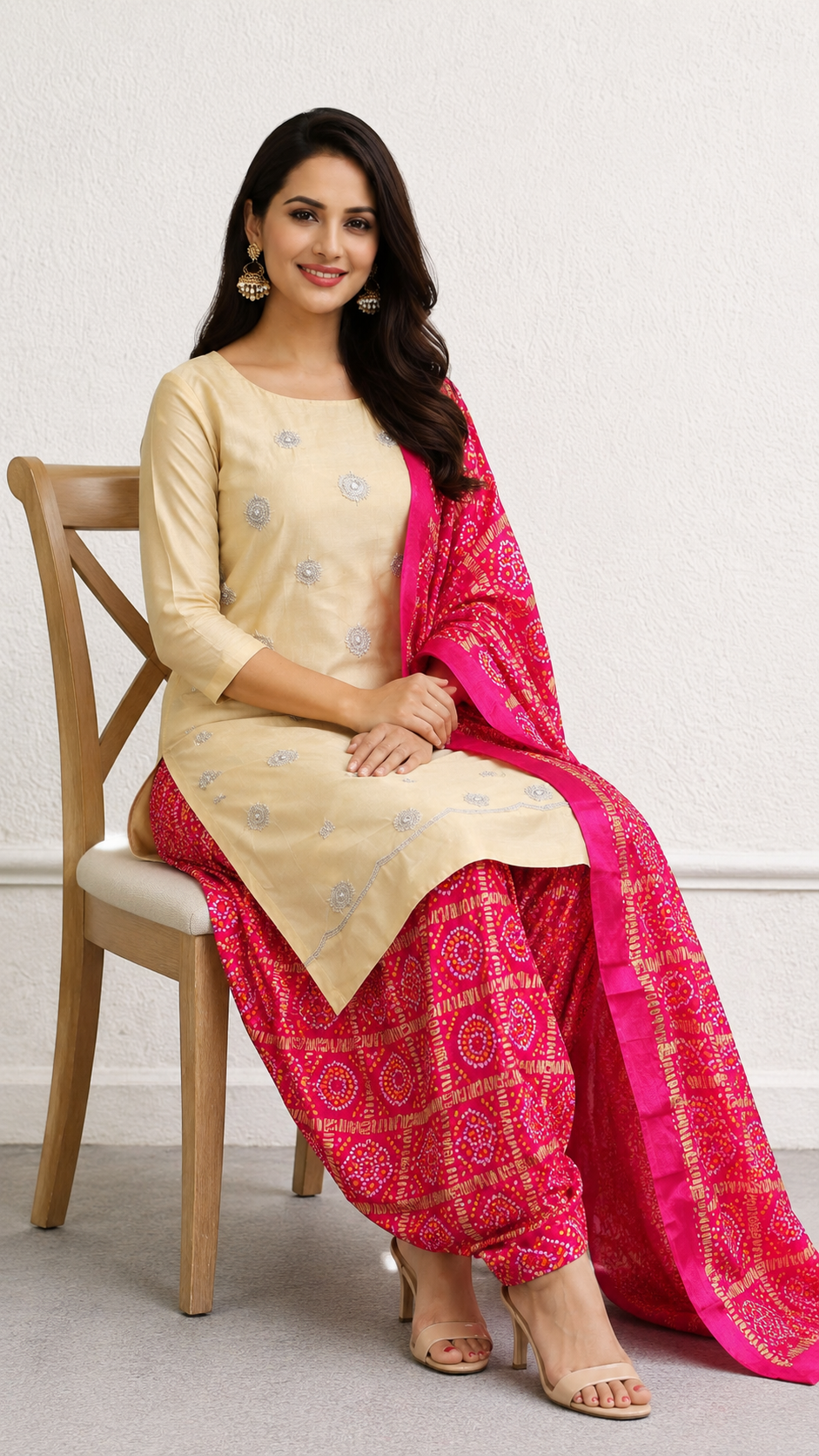Glass tissue designer suit with bandhej print bottom and dupatta