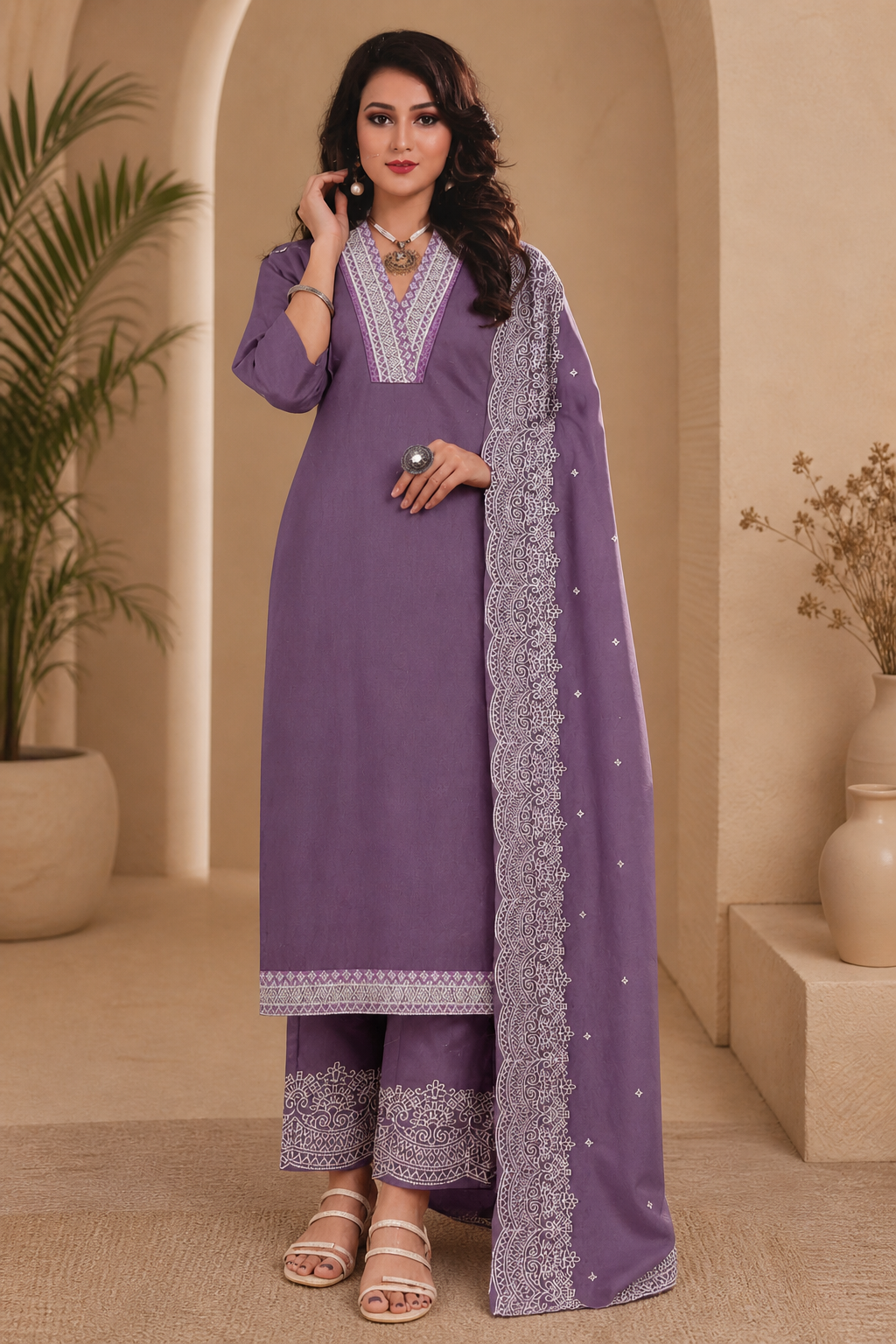 Roman silk semi stitched designer suit with bottom work