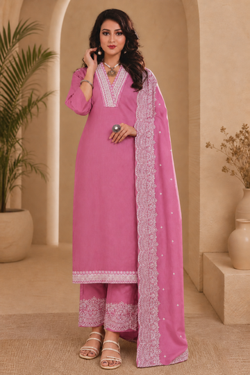 Roman silk semi stitched designer suit with bottom work