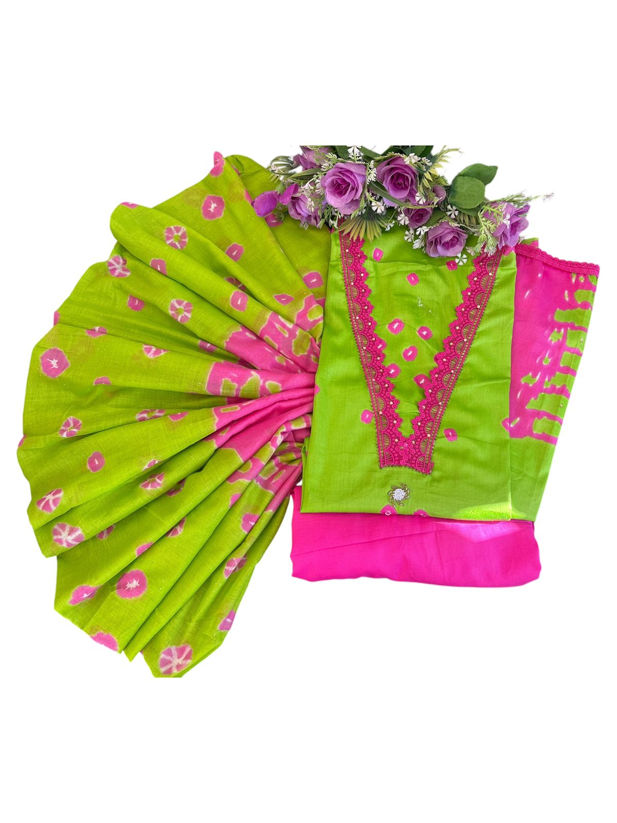 Pure cotton viral design green and magenta suit