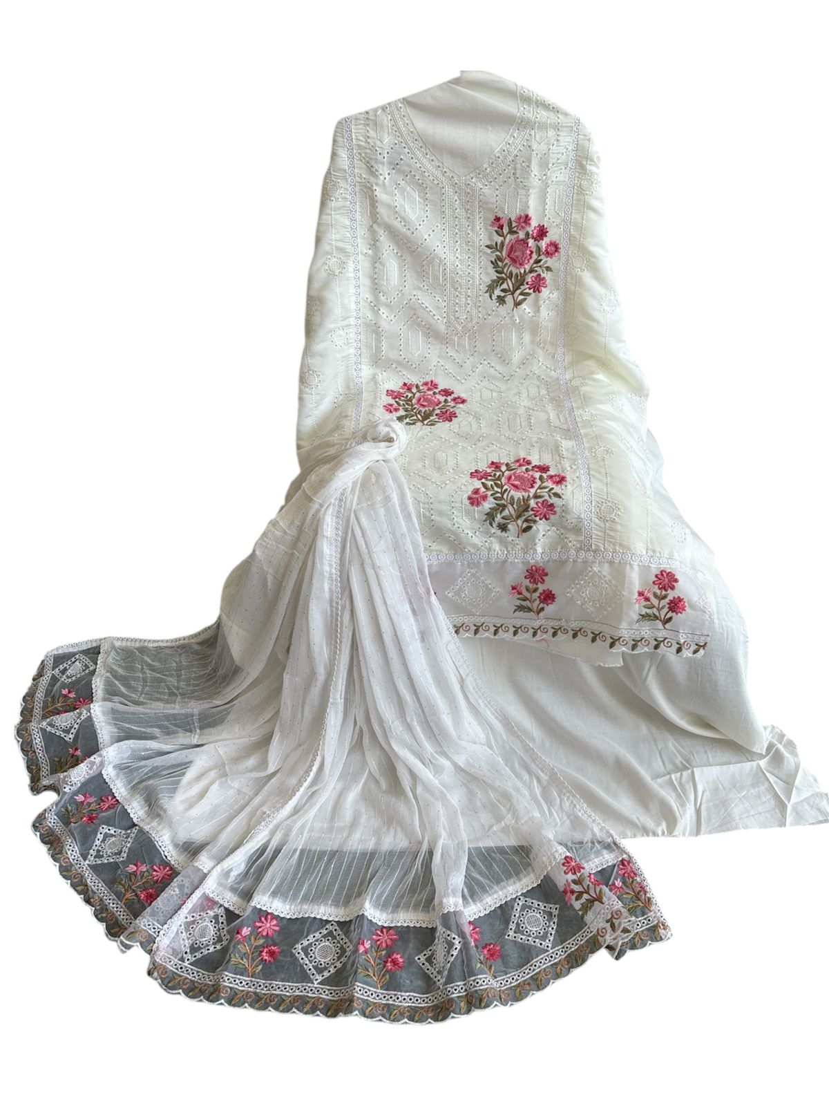 Roman silk semi stitched designer white shade suit